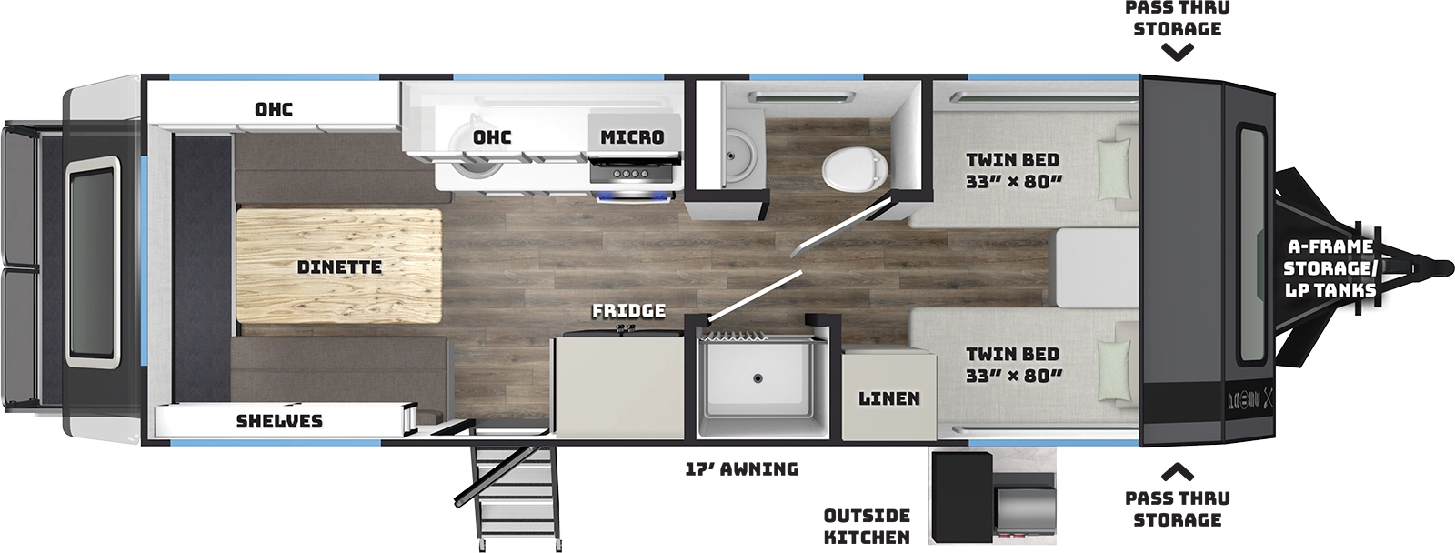 The Pause 22.4 floorplan has one entry and zero slide outs. Exterior features include: fiberglass exterior, 17' awning and outside kitchen. Interiors features include: front bedroom.